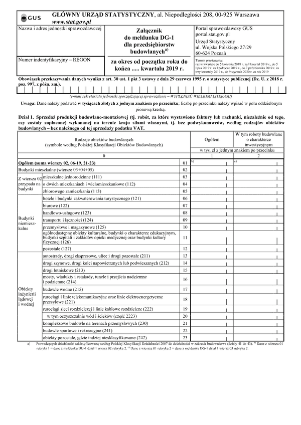 GUS DG-1 ZAŁ (2019) (archiwalny) Załącznik do meldunku DG-1 dla przedsiębiorstw budowlanych