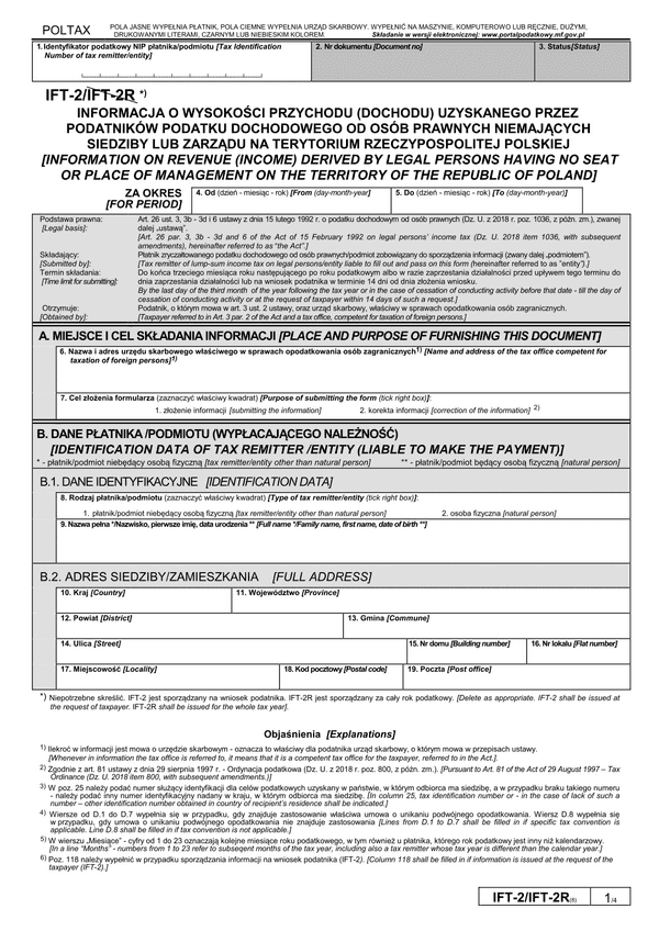 IFT-2 (8) (archiwalny) (2018-2019) Informacja o wysokości przychodu (dochodu) uzyskanego przez podatników podatku dochodowego od osób prawnych niemających siedziby lub zarządu na terytorium Rzeczypospolitej Polskiej