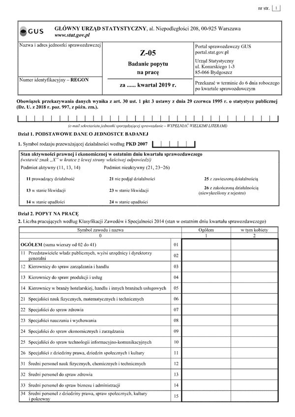 GUS Z-05 (2019) (archiwalny) Badanie popytu na pracę