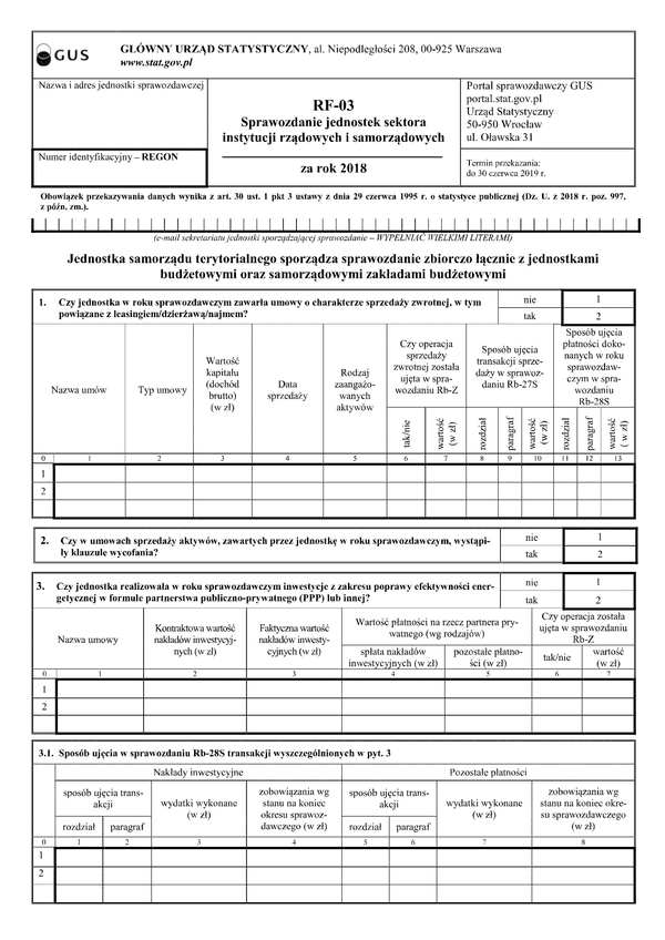 GUS RF-03 (2018) (archiwalny) Sprawozdanie jednostek sektora instytucji rządowych i samorządowych