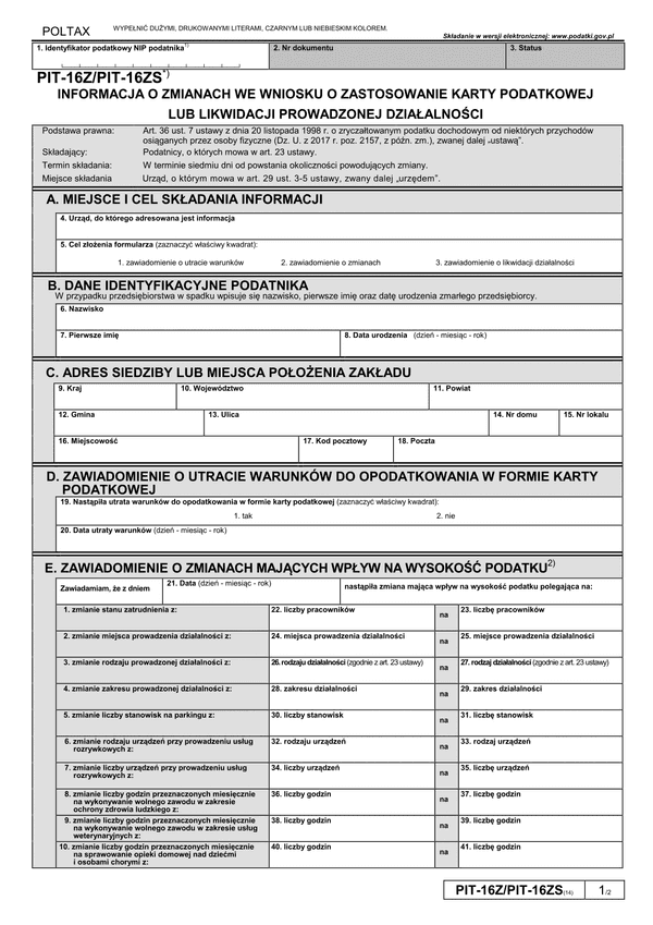 PIT-16Z/PIT-16ZS (14) (2019-2025) Informacja o zmianach we wniosku o zastosowanie karty podatkowej lub likwidacji prowadzonej działalności