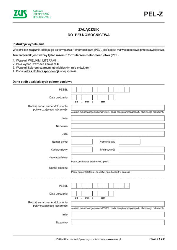ZUS PEL-Z (archiwalny) Załącznik do pełnomocnictwa
