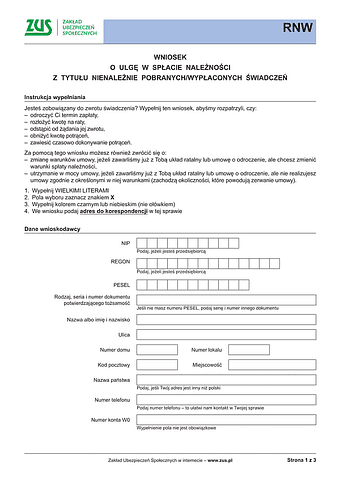ZUS-RNW Wniosek o ulgę w spłacie należności z tytułu nienależnie pobranych/wypłaconych świadczeń