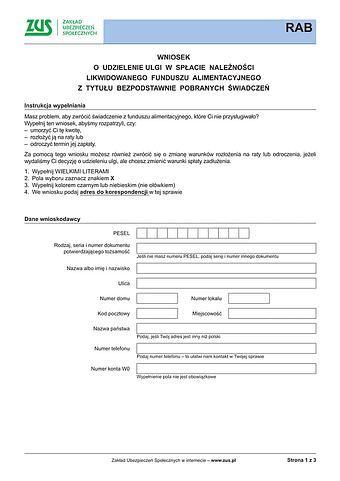 ZUS RAB Wniosek o udzielenie ulgi w spłacie należności likwidowanego funduszu alimentacyjnego z tytułu bezpodstawnie pobranych świadczeń