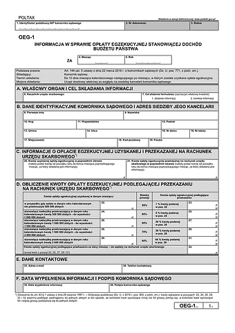 OEG-1 Informacja w sprawie opłaty egzekucyjnej stanowiącej dochód budżetu państwa