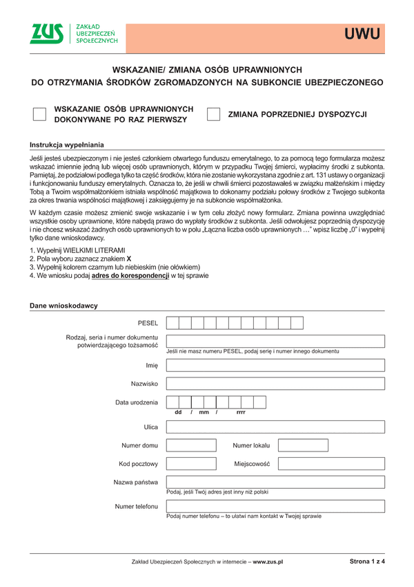 ZUS UWU (archiwalny) Wskazanie/zmiana osób uprawnionych do otrzymania środków zgromadzonych na subkoncie ubezpieczonego 
