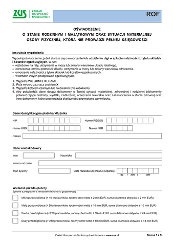 ZUS ROF Oświadczenie o stanie rodzinnym i majątkowym oraz sytuacji materialnej osoby fizycznej nie prowadzącej pełnej księgowości