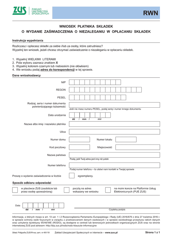 ZUS RWN Wniosek płatnika składek o wydanie zaświadczenia o niezaleganiu w opłacaniu składek