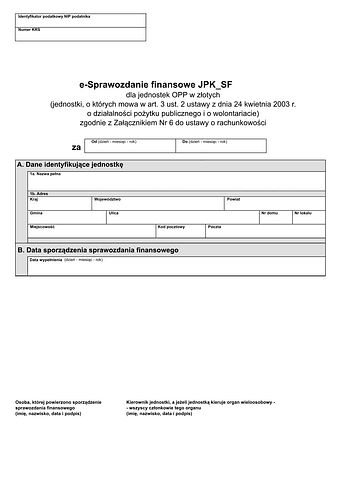 e-Sprawozdanie finansowe JPK_SF (1) (v.1-2) (v.1-3) dla jednostek pożytku publicznego (OPP), zgodnie z załącznikiem nr 6 do ustawy o rachunkowości - z wysyłką pliku xml JPK_SF