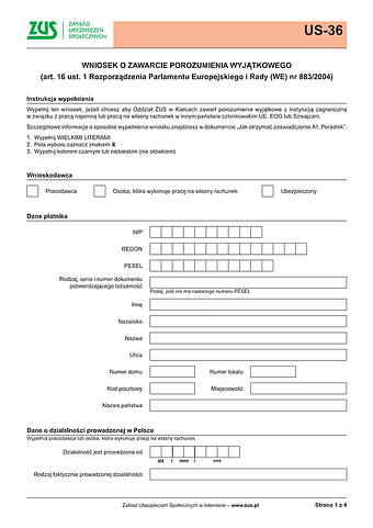 ZUS US-36 Wniosek o zawarcie porozumienia wyjątkowego na podstawie: art. 16.1 Rozporządzenia Parlamentu Europejskiego i Rady (WE) Nr 883/2004 - wersja papierowa