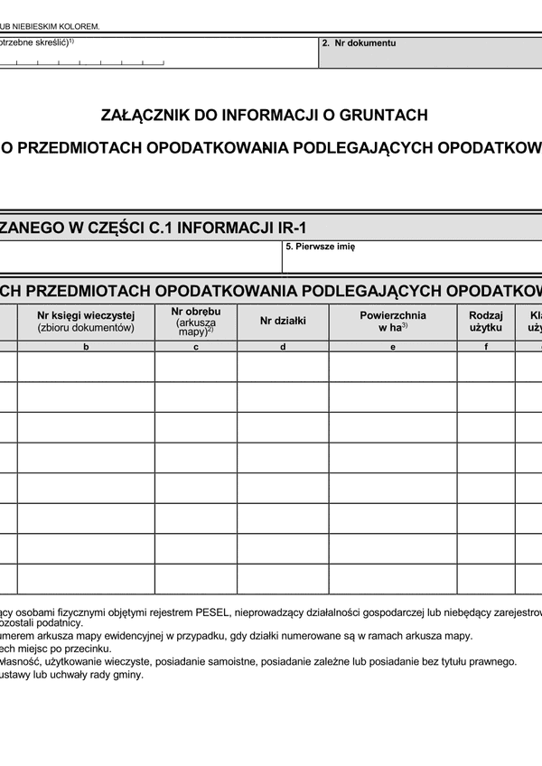 ZIR-1 (1) Załącznik do informacji o gruntach - dane o przedmiotach opodatkowania podlegających opodatkowaniu