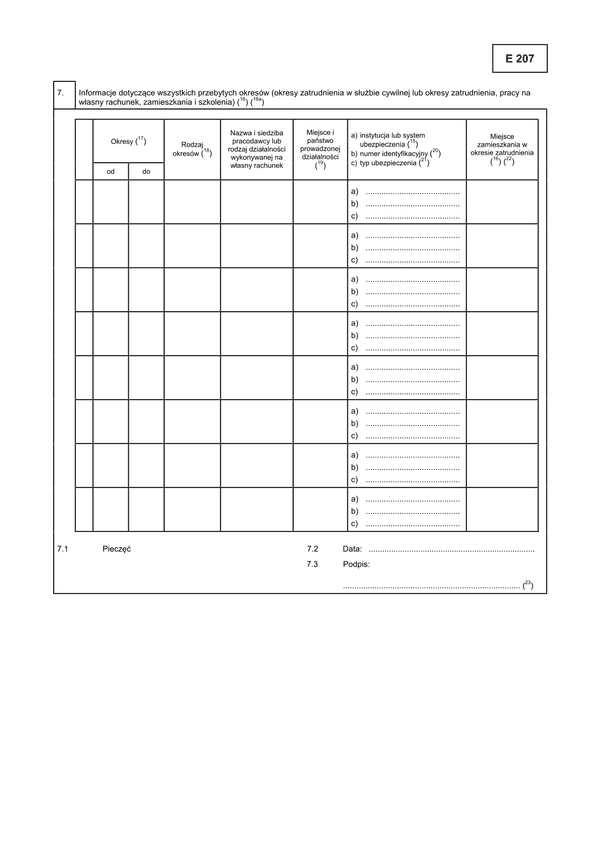 ZUS E 207z Informacje dotyczące przebiegu ubezpieczenia osoby ubezpieczonej - załącznik