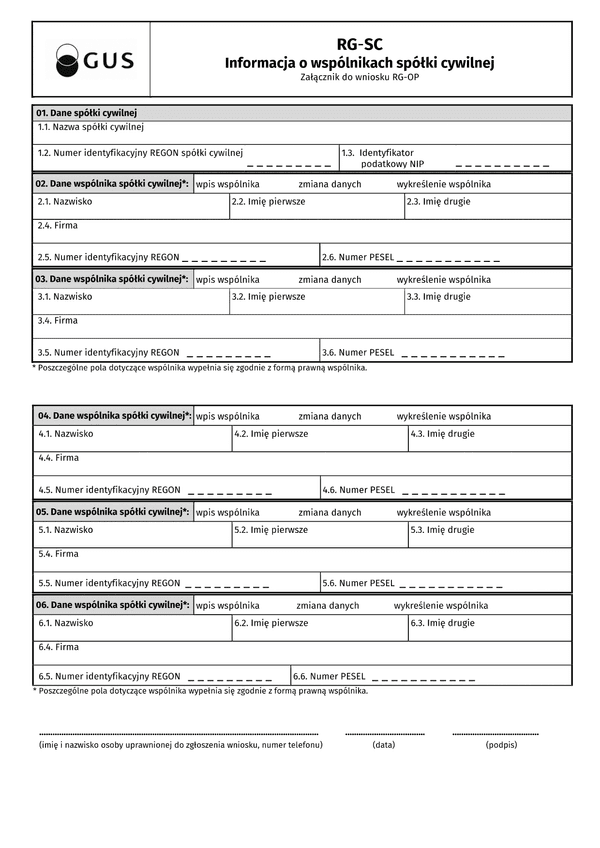 GUS RG-SC (archiwalny) Informacja o wspólnikach spółki cywilnej