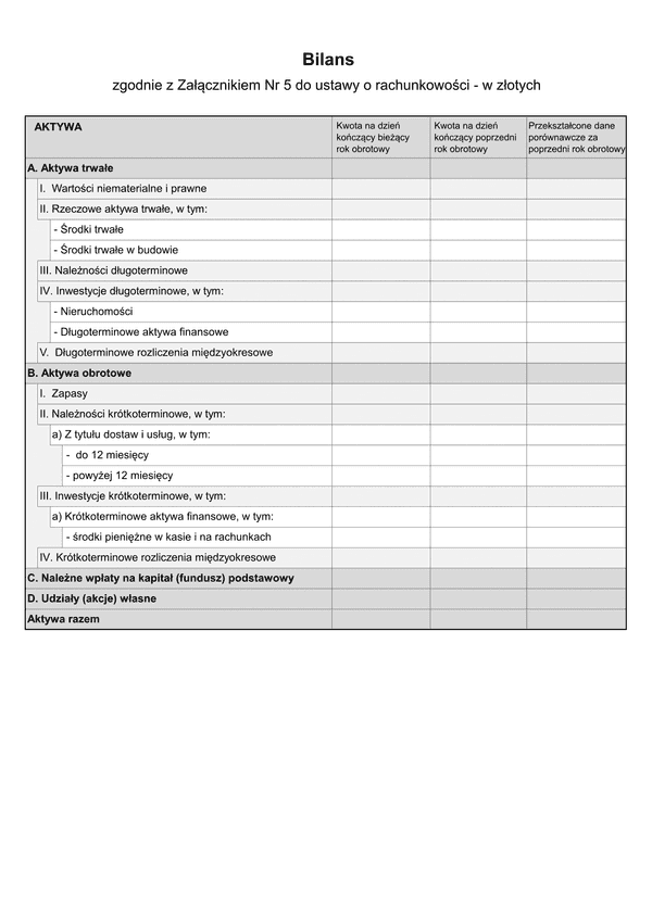 SFJMAZ BIL (v.1-2) (v.1-3) Bilans - zgodnie z Załącznikiem Nr 5 do ustawy o rachunkowości (jednostka mała) w złotych - z wysyłką pliku xml JPK_SF 