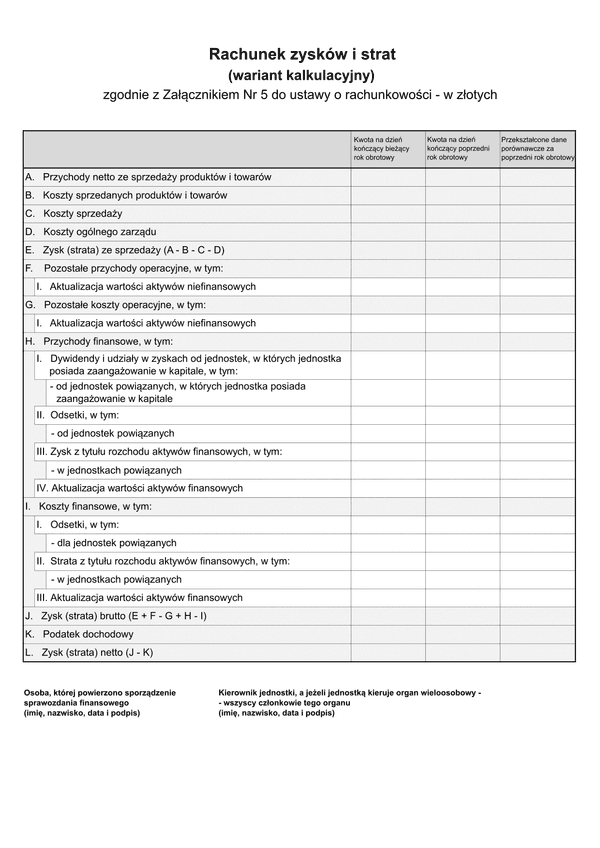SFJMAZ RZiS-WK (v.1-2) (v.1-3) Rachunek zysków i strat (wariant kalkulacyjny) -  zgodnie z Załącznikiem Nr 5 do ustawy o rachunkowości (jednostka mała) w złotych - z wysyłką pliku xml JPK_SF 