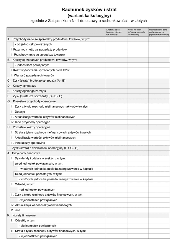 SFJINZ RZiS-WK (v.1-2) (v.1-3) Rachunek zysków i strat (wariant kalkulacyjny) - zgodnie z Załącznikiem Nr 1 do ustawy o rachunkowości (jednostka inna) w złotych - z wysyłką pliku xml JPK_SF