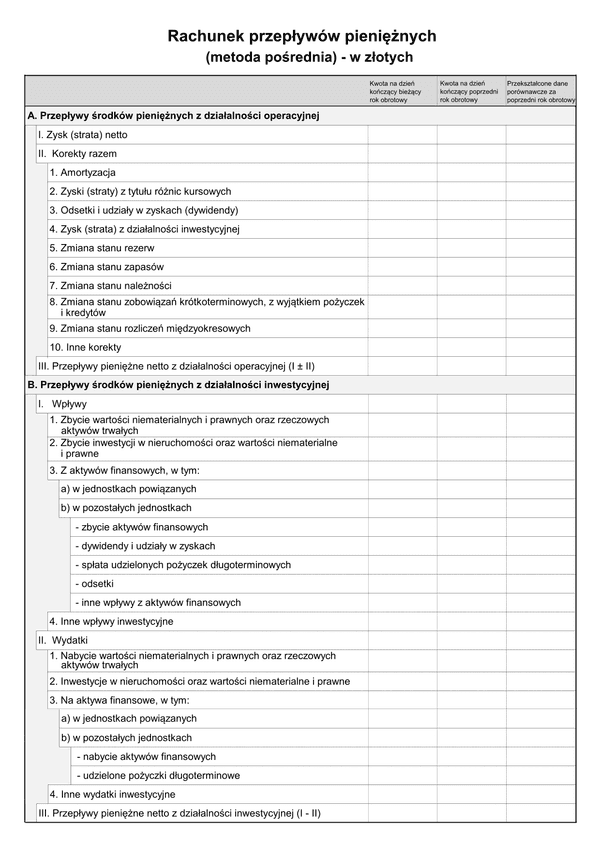 SFJINZ Rach-Pp (v.1-2) (v.1-3) Rachunek przepływów pieniężnych (metoda pośrednia) w złotych - z wysyłką pliku xml JPK_SF