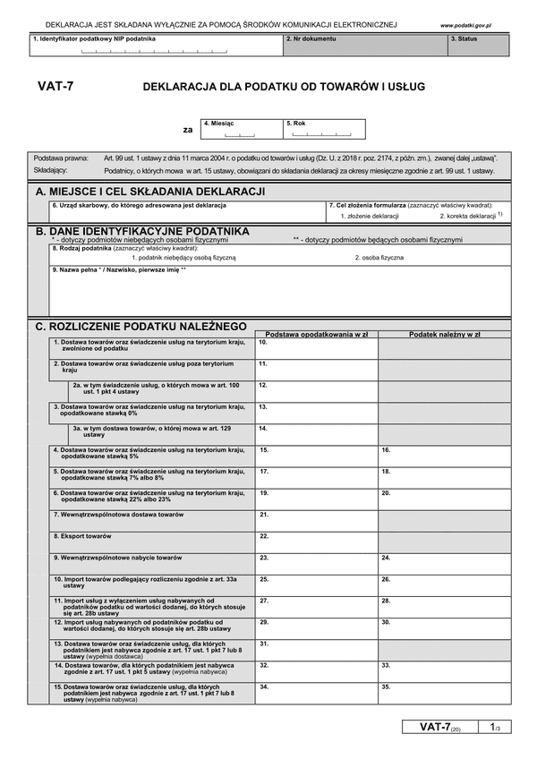 VAT-7 (20) (archiwalny) (2019, 2020) Deklaracja dla podatku od towarów i usług
