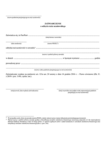 ZoOS Zaświadczenie o odbyciu stażu uczniowskiego