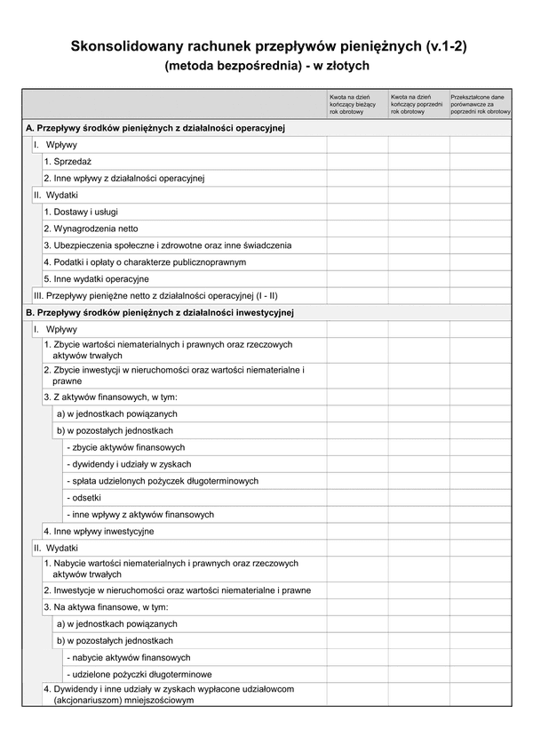 SFJGKZ Rach-Pb (v.1-2) Skonsolidowany rachunek przepływów pieniężnych (metoda bezpośrednia) do sprawozdania finansowego grup kapitałowych w złotych - z wysyłką pliku xml JPK_SF 