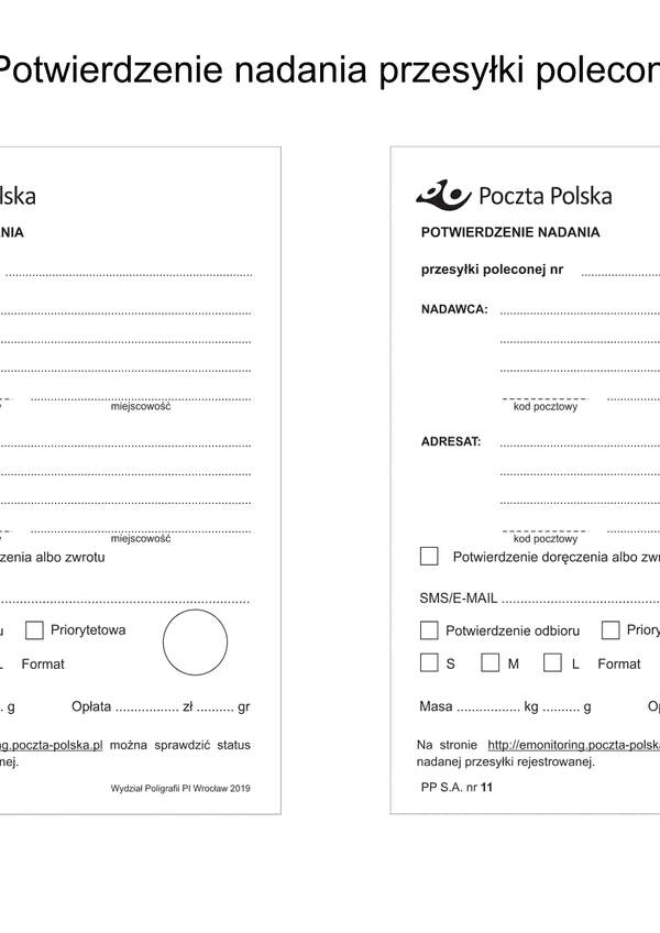 PP 11 (od 2019) (archiwalny) Potwierdzenie nadania przesyłki poleconej (2 sztuki)