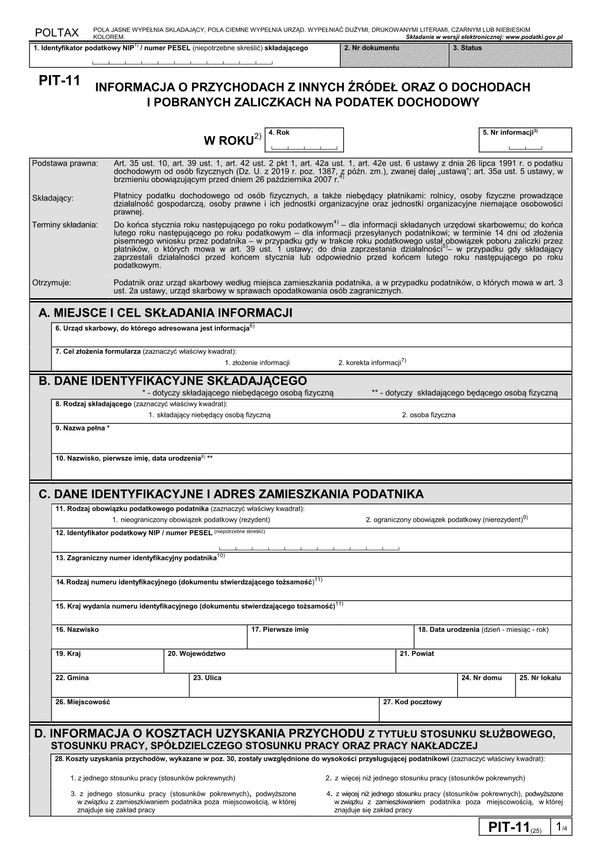 PIT-11 (25) (archiwalny) (2019) Informacja o dochodach, pobranych zaliczkach na podatek dochodowy, wypłaconym stypendium oraz przychodach z innych źródeł  (PIT-11 / PIT-11Z) (składana od 01.01.2020)
