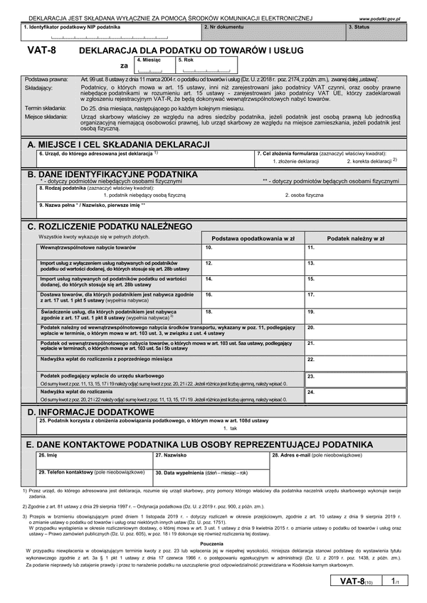 VAT-8 (10) (archiwalny) Deklaracja dla podatku od towarów i usług