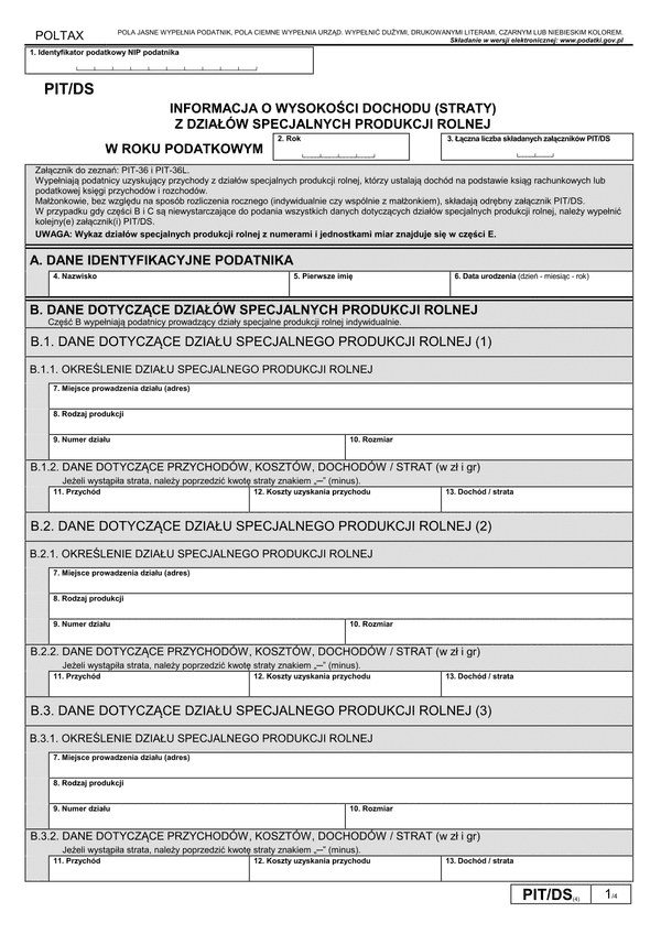 PIT/DS (4) (archiwalny) (2019) Informacja o wysokości dochodu (straty) z działów specjalnych produkcji rolnej