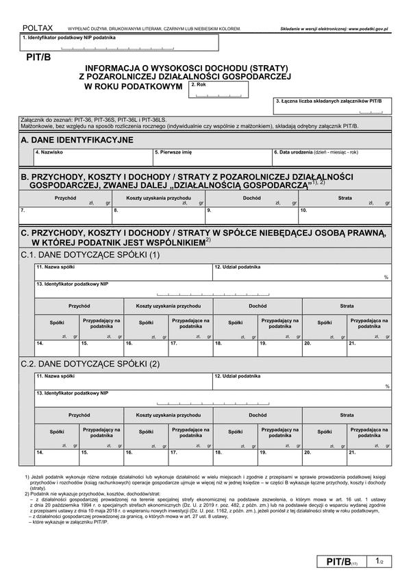 PIT/B (17) (archiwalny) (2019) Informacja o wysokości dochodu (straty) z pozarolniczej działalności gospodarczej