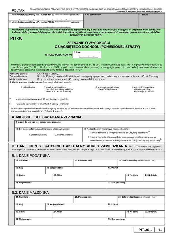 PIT-36 (27) (archiwalny) (2019) Zeznanie o wysokości osiągniętego dochodu (poniesionej straty)
