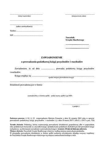 ZZ-KP Zawiadomienie o prowadzeniu podatkowej księgi przychodów i rozchodów