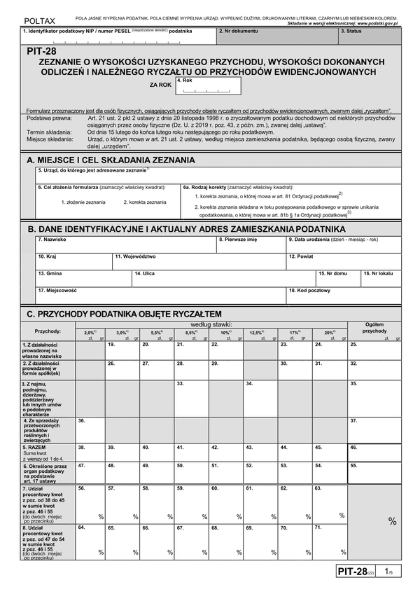 PIT-28 (22) (archiwalny) (2019) Zeznanie o wysokości uzyskanego przychodu, wysokości dokonanych odliczeń i należnego ryczałtu od przychodów ewidencjonowanych za 2019