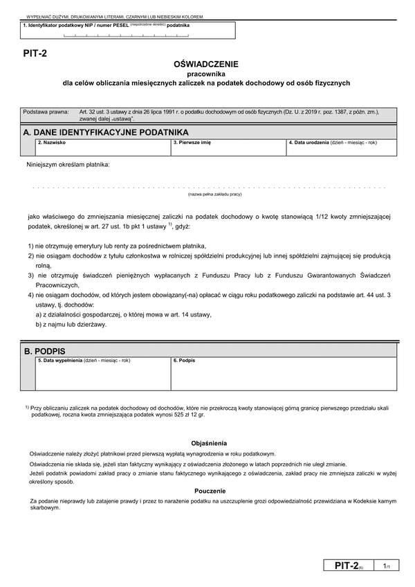 PIT-2 (6) (archiwalny) (2020-2022) Oświadczenie pracownika dla celów obliczania miesięcznych zaliczek na podatek dochodowy od osób fizycznych 
