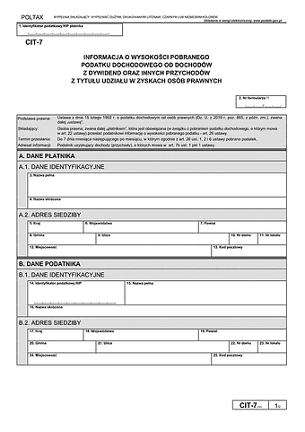 CIT-7 (12) Informacja o wysokości pobranego podatku dochodowego od dochodów z dywidend oraz innych przychodów z tytułu udziału w zyskach osób prawnych