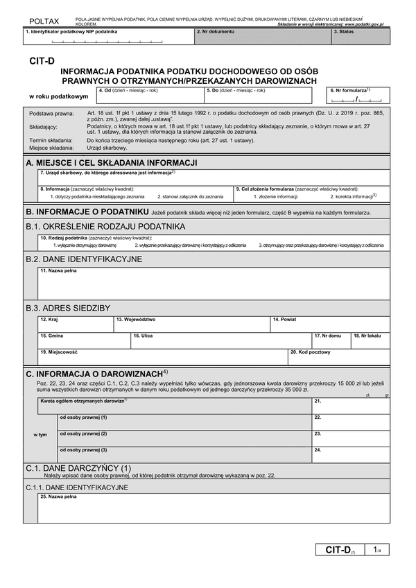 CIT-D (7) (archiwalny) Informacja podatnika podatku dochodowego od osób prawnych o otrzymanych/przekazanych darowiznach