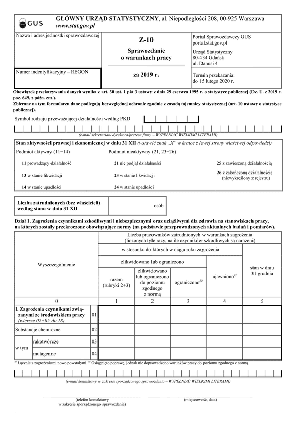 GUS Z-10 (2019) (archiwalny) Sprawozdanie o warunkach pracy za 2019 rok
