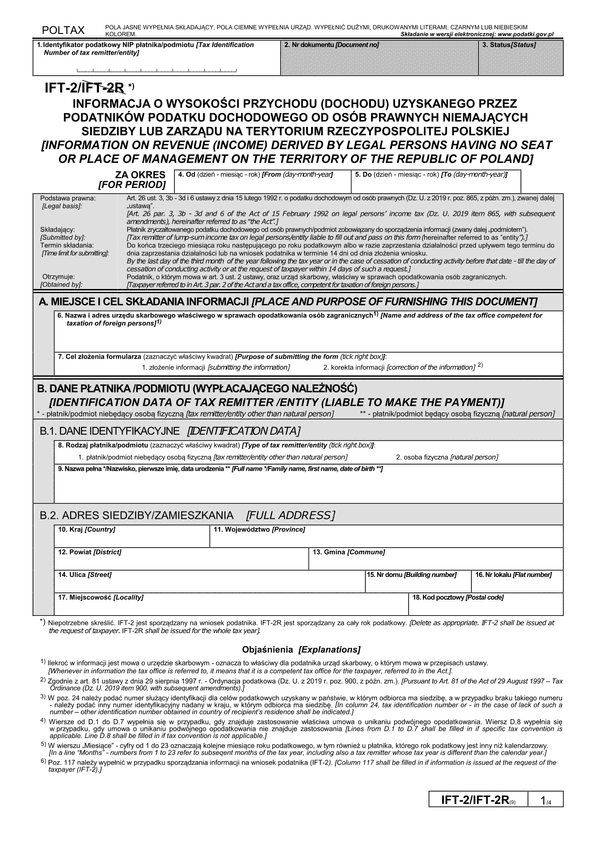 IFT-2 (9) (archiwalny) (2019-2020) Informacja o wysokości przychodu (dochodu) uzyskanego przez podatników podatku dochodowego od osób prawnych niemających siedziby lub zarządu na terytorium Rzeczypospolitej Pol