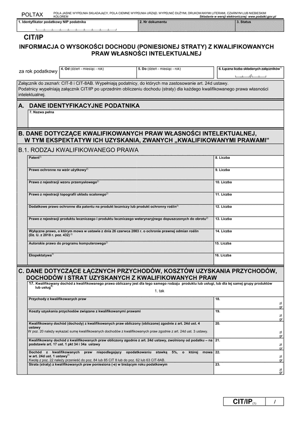 CIT/IP (1) (archiwalny) Informacja o wysokości dochodu (poniesionej straty) z kwalifikowanych praw własności intelektualnej