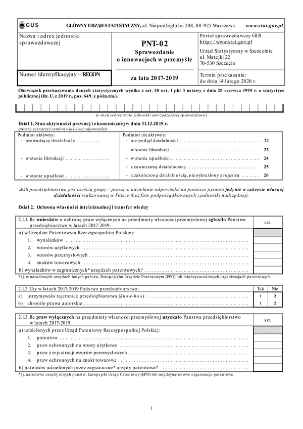 GUS PNT-02 (archiwalny) (2017-2019) Sprawozdanie o innowacjach w przemyśle za lata 2017–2019