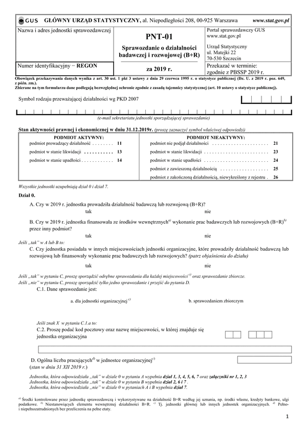 GUS PNT-01 (archiwalny) (2019) Sprawozdanie o działalności badawczej i rozwojowej za 2019 r.
