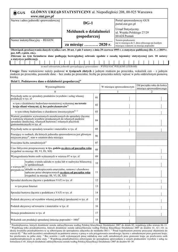 GUS DG-1 (2020) (archiwalny) Meldunek o działalności gospodarczej