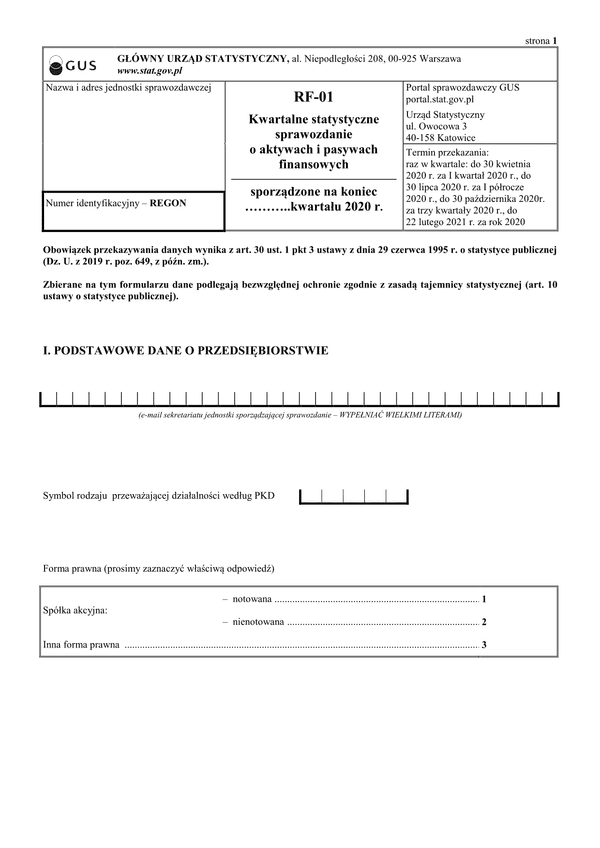 GUS RF-01 (2020) (archiwalny) Kwartalne statystyczne sprawozdanie o aktywach i pasywach finansowych
