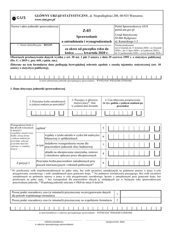 GUS Z-03 (2020) (archiwalny) Sprawozdanie o zatrudnieniu i wynagrodzeniach