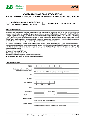 ZUS UWU Wskazanie/zmiana osób uprawnionych do otrzymania środków zgromadzonych na subkoncie ubezpieczonego