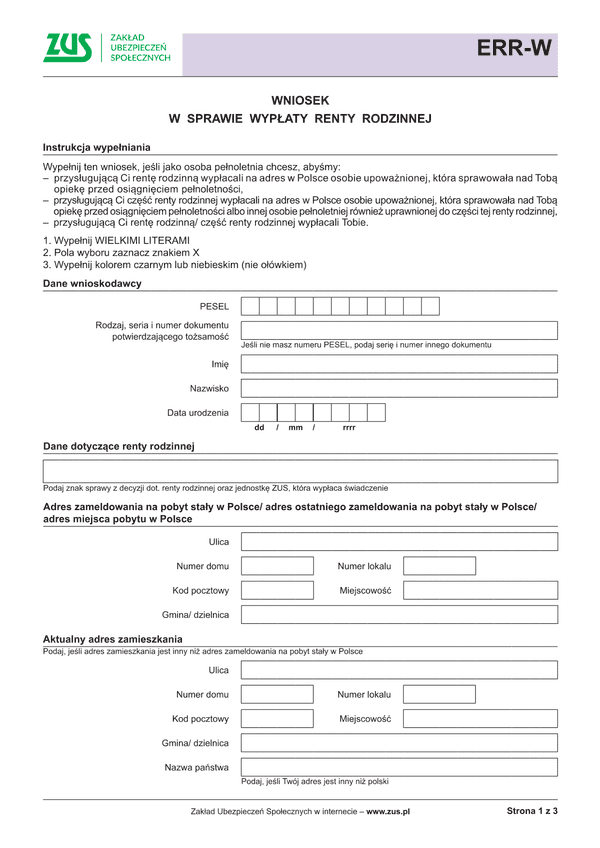 ZUS ERR-W (archiwalny) Wniosek w sprawie wypłaty części renty rodzinnej
