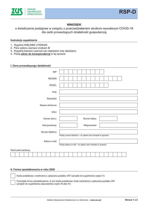 ZUS RSP-D (archiwalny) (Covid-19 koronawirus) WNIOSEK o świadczenie postojowe w związku z przeciwdziałaniem skutkom wywołanym COVID-19 dla osób prowadzących działalność gospodarczą