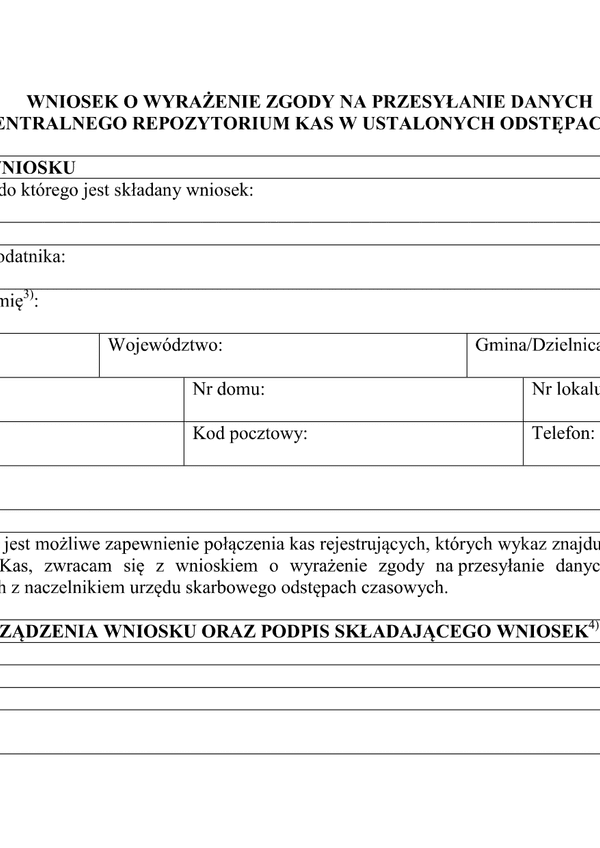 ZnPDzK Wniosek o wyrażenie zgody na przesyłanie danych z kasy do Centralnego Repozytorium Kas w ustalonych odstępach czasowych