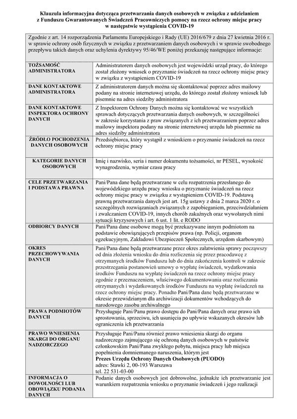 VIA-WOMP (archiwalny) Wniosek o przyznanie świadczenia na ochronę miejsc pracy (COVID-19) - Klauzula RODO