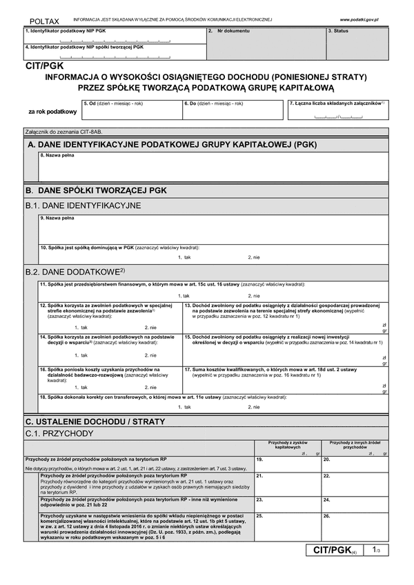 CIT/PGK (4) (archiwalny) Informacja o wysokości osiągniętego dochodu (poniesionej straty) przez spółkę tworzącą podatkową grupę kapitałową