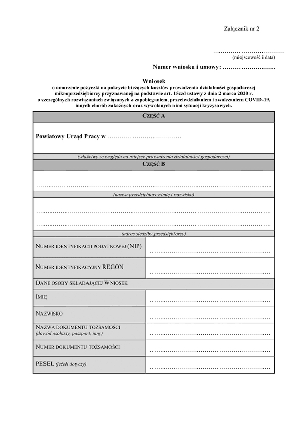UP Wn Wniosek o umorzenie pożyczki na pokrycie bieżących kosztów prowadzenia działalności gospodarczej mikroprzedsiębiorcy (Covid-19 koronawirus)
